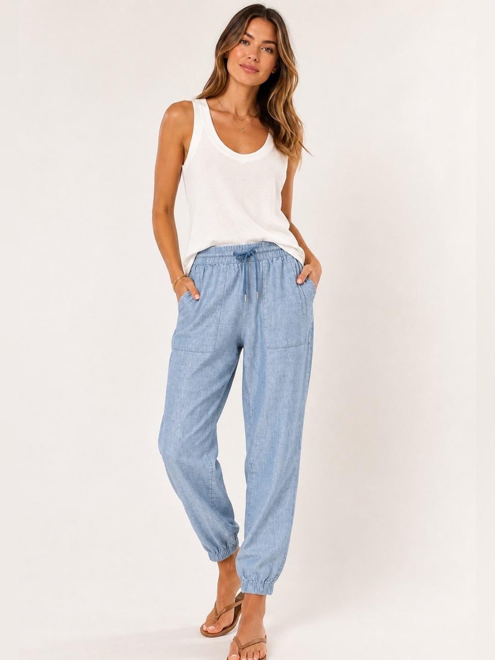 Athleta Cabo Linen Jogger Pants Chambray Blue Size 4